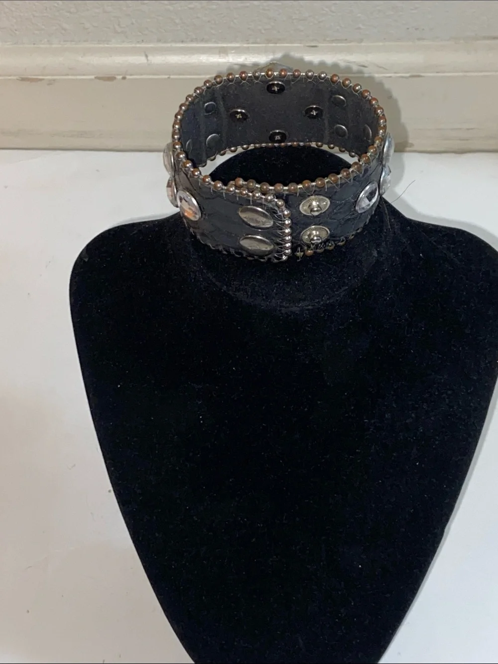 Heart Faux Crystal Studded Leather Cuff Bracelet - Black with Clear Gems Unisex